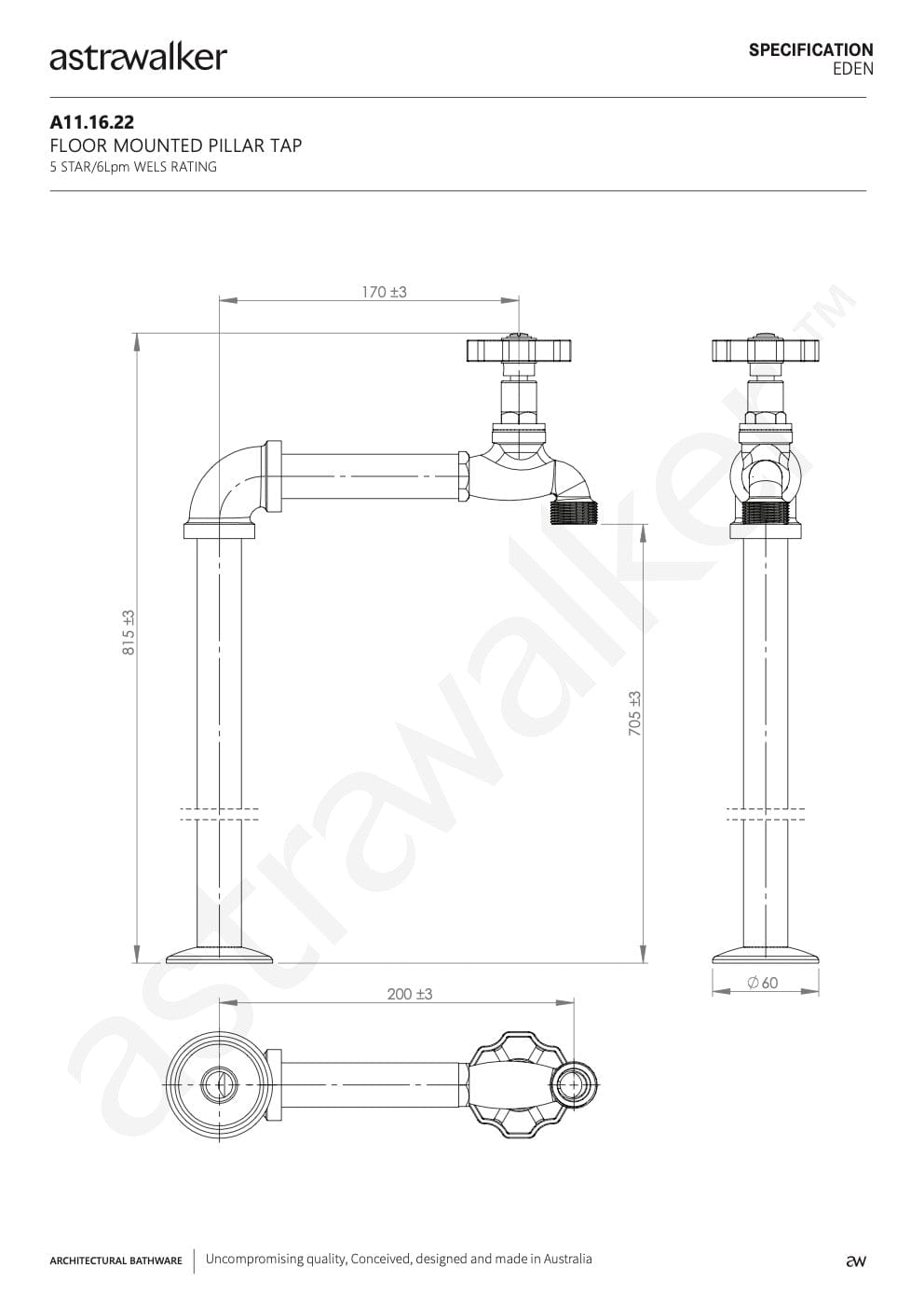 Astra Walker Bath Taps Astra Walker Eden Floor Mounted Pillar Tap | Brass Handle