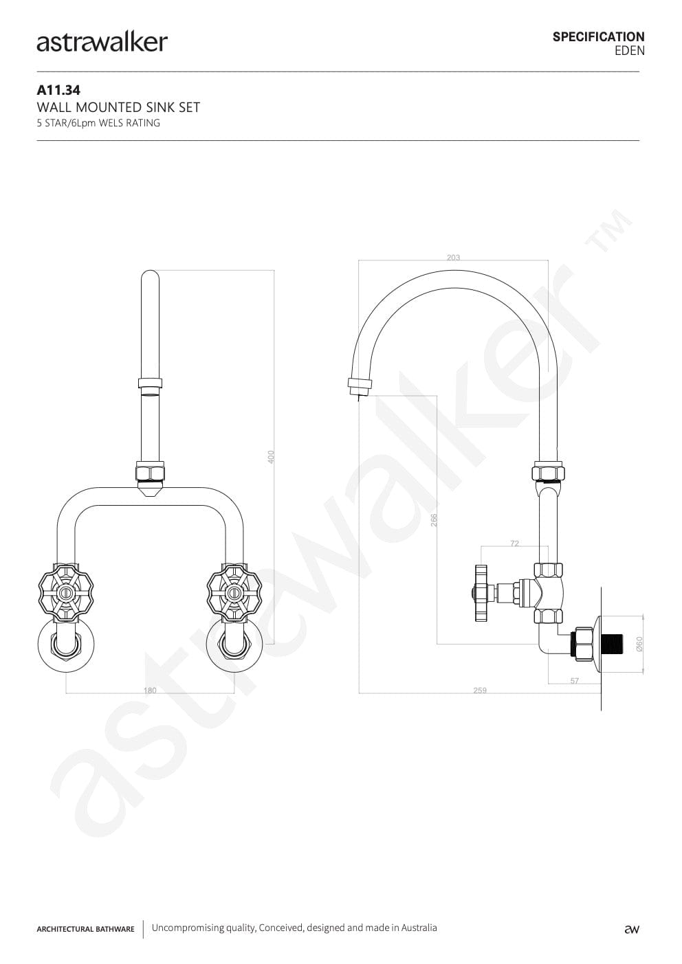 Astra Walker Kitchen Taps Astra Walker Eden Wall Mounted Sink Set | Brass Handle