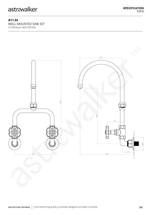 Astra Walker Kitchen Taps Astra Walker Eden Wall Mounted Sink Set | Brass Handle