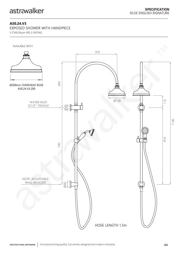 Astra Walker Showers Astra Walker Signature Exposed Shower Set with Diverter, 200mm Rose & Single Function Hand Shower