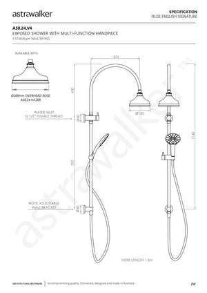 Astra Walker Showers Astra Walker Signature Exposed Shower Set with Diverter, 200mm Rose & Multi-Function Hand Shower