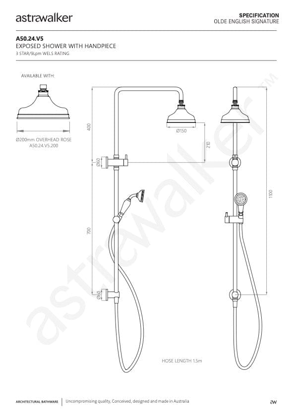 Astra Walker Showers Astra Walker Signature Exposed Shower Set with Diverter, 200mm Rose & Single Function Hand Shower