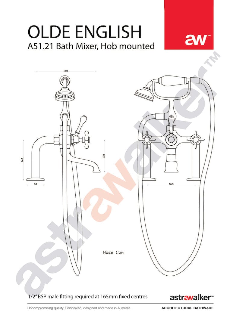 Astra Walker Bath Taps Astra Walker Olde English Hob Mounted Bath Mixer with Single Function Hand Shower