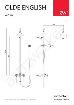Astra Walker Showers Astra Walker Olde English Exposed Shower Set with Taps, Diverter & Single Function Hand Shower on Wall Hook