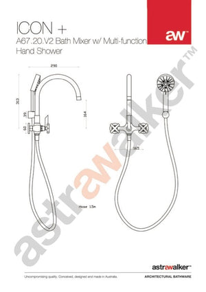 Astra Walker Bath Taps Astra Walker Icon + Wall Mounted Bath Mixer with Multi-Function Hand Shower