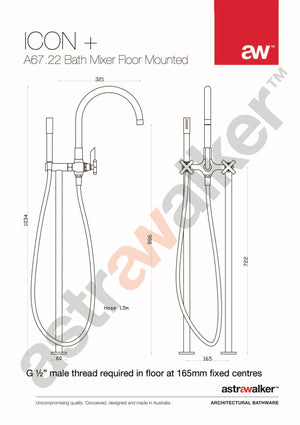 Astra Walker Bath Taps Astra Walker Icon + Floor Mounted Bath Mixer with Single Function Hand Shower