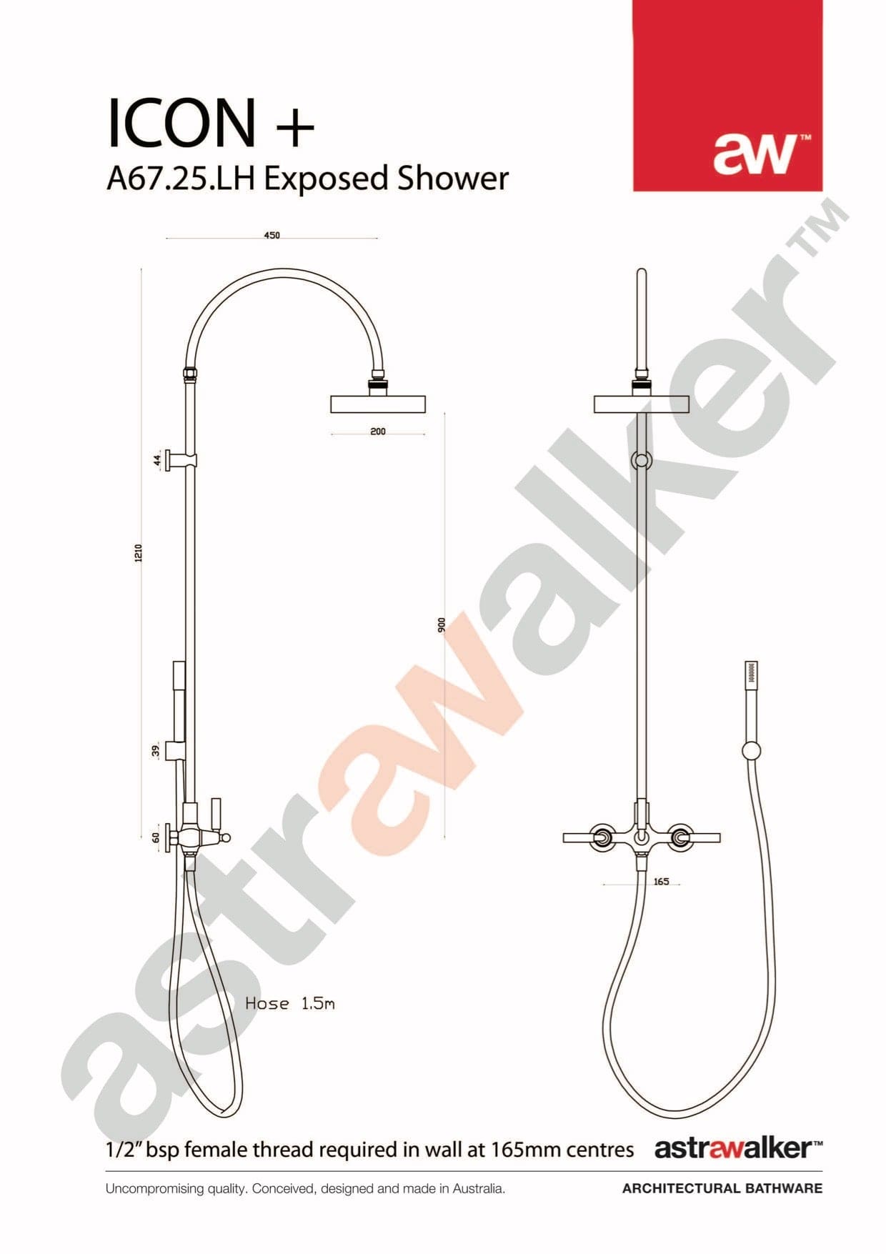 Astra Walker Shower Astra Walker Icon + Lever Exposed Shower Set with Taps, Diverter & Single Function Hand Shower on Wall Hook