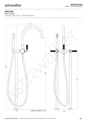 Astra Walker Bath Taps Astra Walker Knurled Icon + Lever Gooseneck Floor Mounted Bath Mixer with Single Function Hand Shower