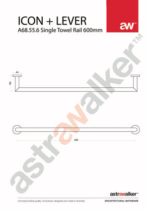 Astra Walker Bathroom Accessories Astra Walker Icon + Lever Single Towel Rail 600mm