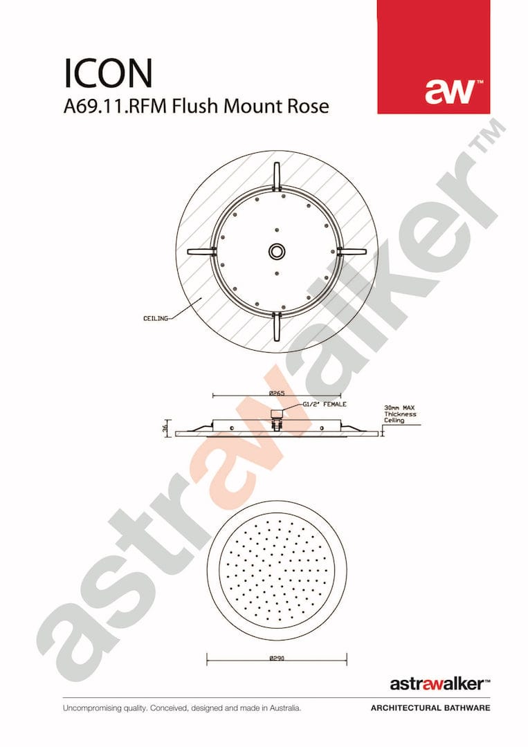 Astra Walker Showers Astra Walker Icon Round Flush Mounted Ceiling Shower with 265mm Rose