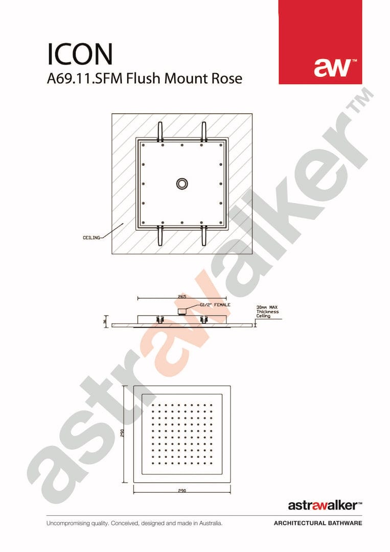 Astra Walker Showers Astra Walker Icon Square Flush Mounted Ceiling Shower with 265mm Rose