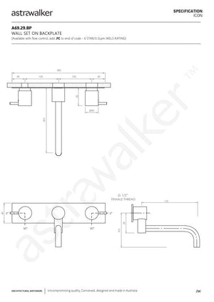 Astra Walker Basin Taps Astra Walker Icon Wall Set on Backplate with 203mm Underslung Swivel Spout