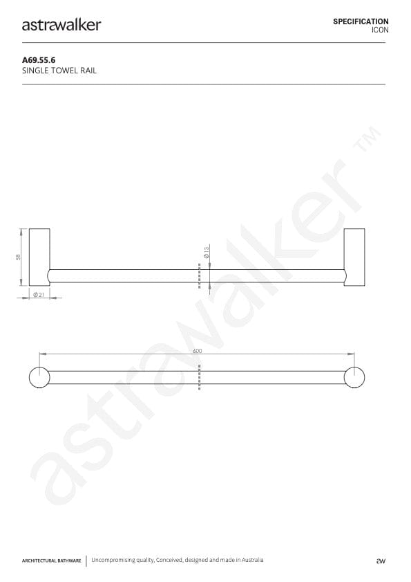 Astra Walker Bathroom Accessories Astra Walker Icon Single Towel Rail 600mm | 316 Stainless Steel