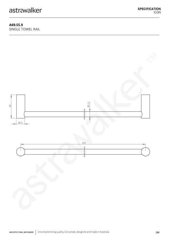 Astra Walker Bathroom Accessories Astra Walker Icon Single Towel Rail 900mm | 316 Stainless Steel