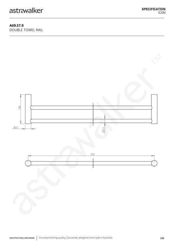 Astra Walker Bathroom Accessories Astra Walker Icon Double Towel Rail 900mm | 316 Stainless Steel