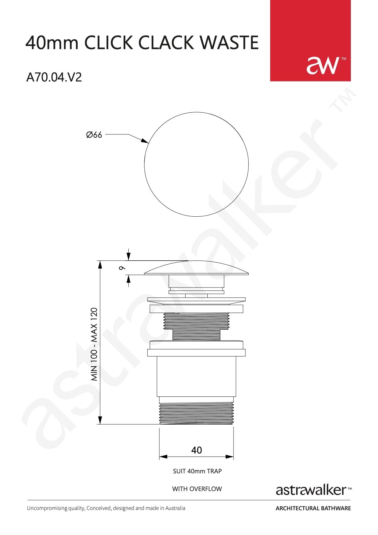 Astra Walker Bathroom Accessories Astra Walker Bath Pop Up Waste 40mm with Overflow