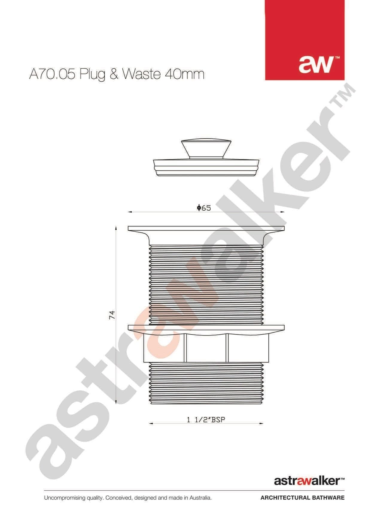 Astra Walker Bathroom Accessories Astra Walker Bath Plug & Waste 40mm No Overflow