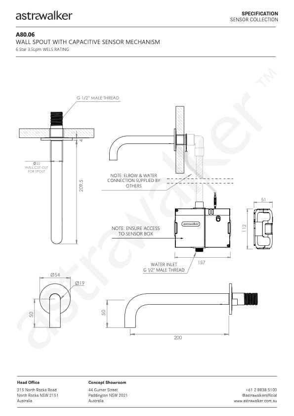 Astra Walker Basin Taps Astra Walker Sensor Wall Mounted Spout 200 x 19mm