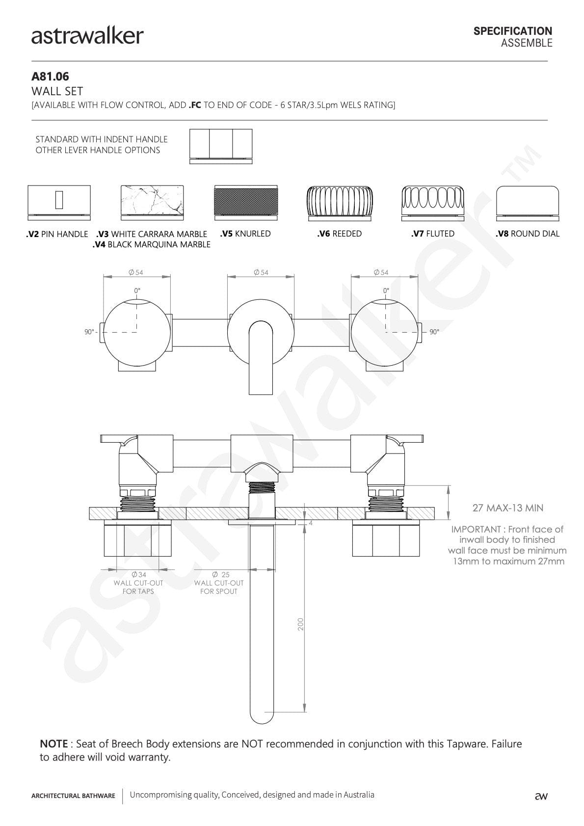 Astra Walker Basin Taps Astra Walker Assemble Wall Set with 200mm Spout | Minimal Handle