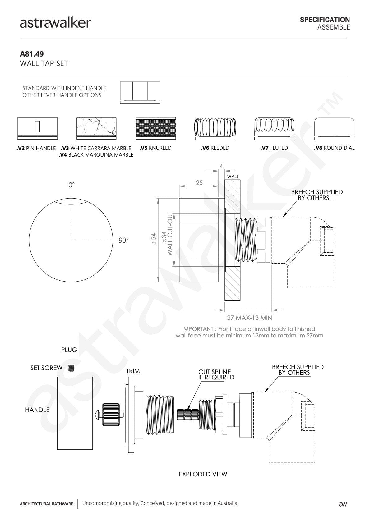 Astra Walker Wall Mixers Astra Walker Assemble Wall Tap Set | Marble Handle