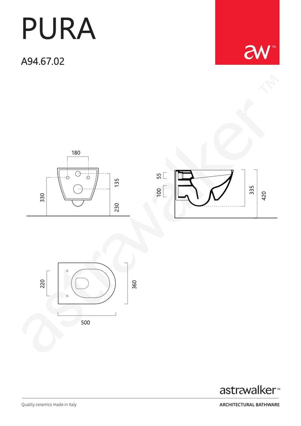 Astra Walker Pura Petite Wall Mounted Swirlflush Toilet with Thick Sea