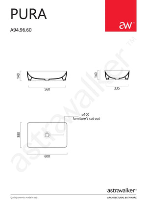 Astra Walker Basins Astra Walker Pura 600 Rectangle Vessel Basin | Gloss White