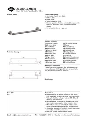 The Watermark Collection Bathroom Accessories Polished Chrome The Watermark Collection Ancillaries Single Heated Towel Rail 450mm