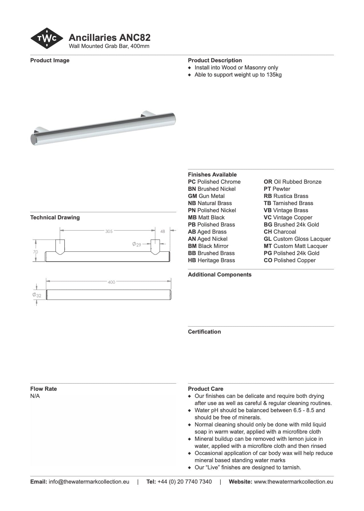 The Watermark Collection Bathroom Accessories Polished Chrome The Watermark Collection Ancillaries Wall Mounted Grab Bar 400mm