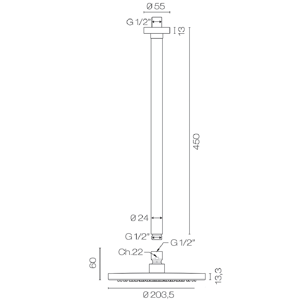 Plumbline Shower Buddy 200mm Ceiling Mount Rainhead with 450mm Arm