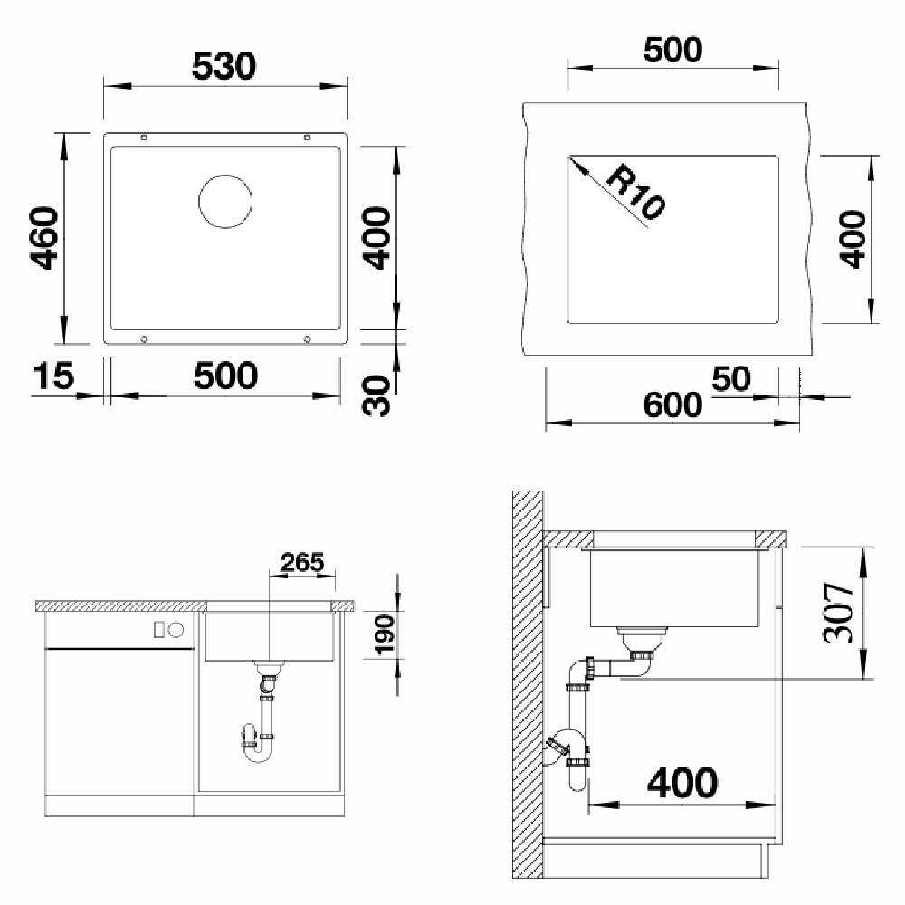 Blanco Kitchen Sinks - Granite Blanco Silgranit Subline 500-U Single Sink | Black