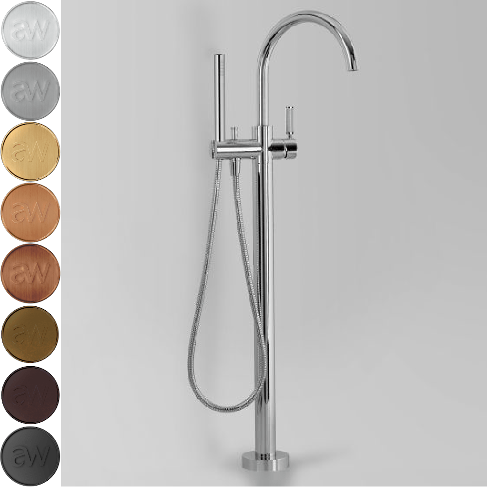 Astra Walker Bath Taps Astra Walker Knurled Icon + Lever Gooseneck Floor Mounted Bath Mixer with Single Function Hand Shower
