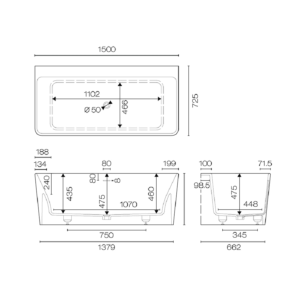 Plumbline Bath Niagara Venice 1500 Back to Wall Bath