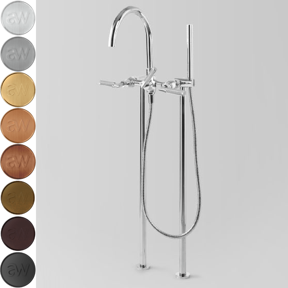 Astra Walker Bath Taps Astra Walker Knurled Icon + Lever Gooseneck Floor Mounted Bath Mixer with Single Function Hand Shower