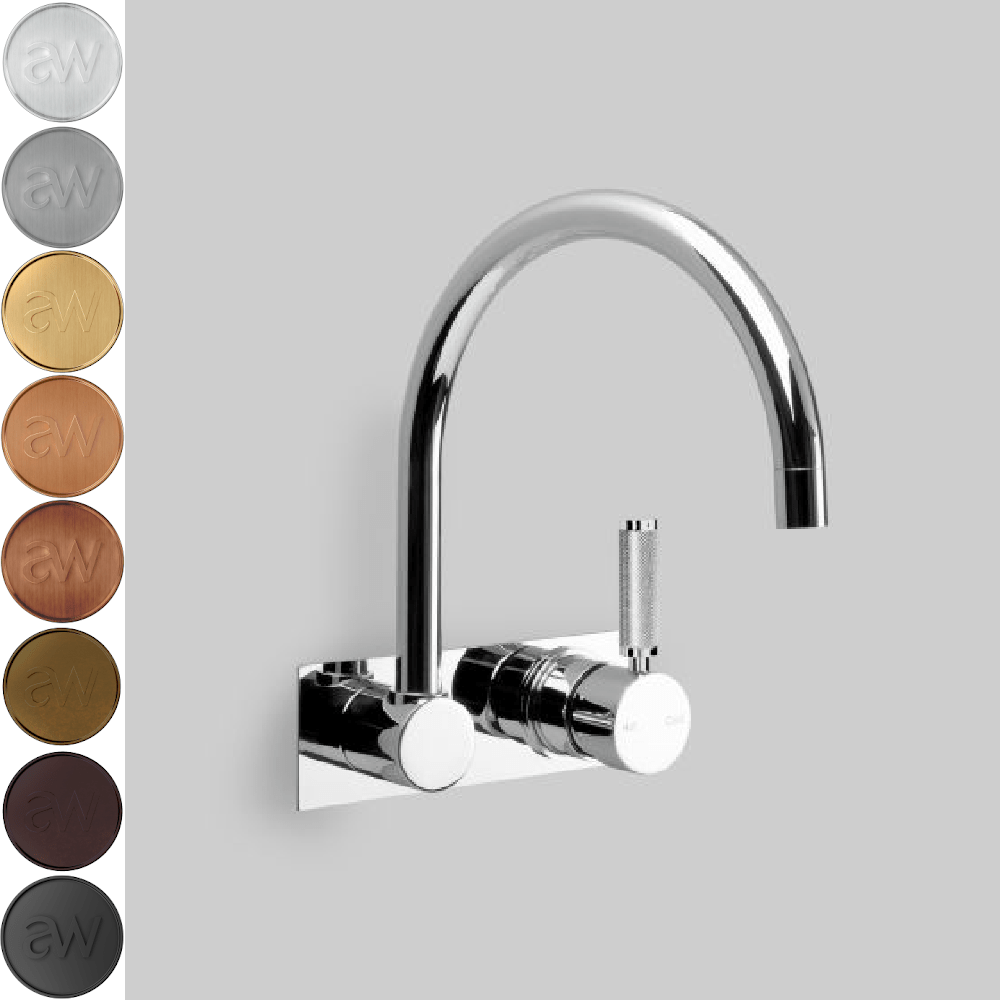 The Kitchen Hub Basin Taps Astra Walker Knurled Icon + Lever Gooseneck Wall Mixer Set on Backplate