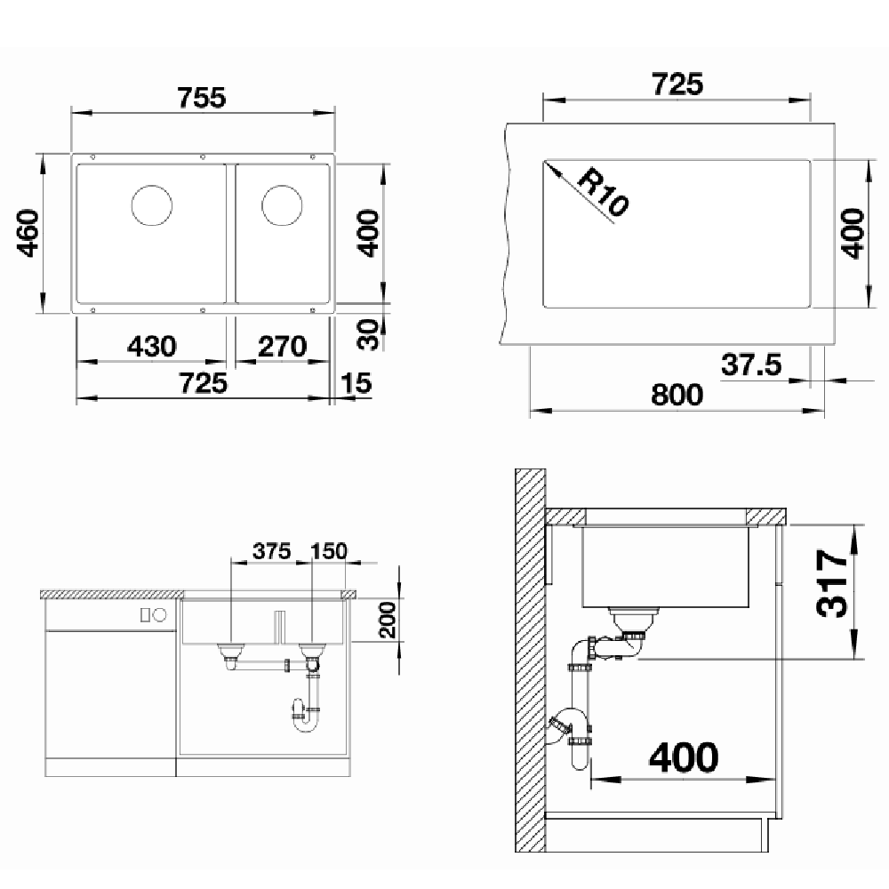 Blanco Kitchen Sinks - Granite Blanco Silgranit Subline 430/270-U Double Sink | Rock Grey