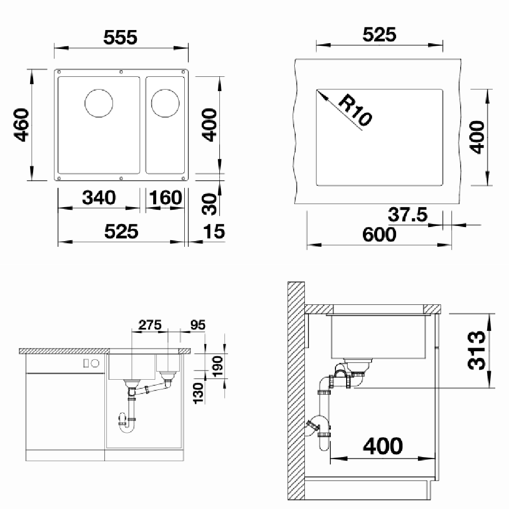 Blanco Kitchen Sinks - Granite Blanco Silgranit Subline 340/160-U Double Sink | White