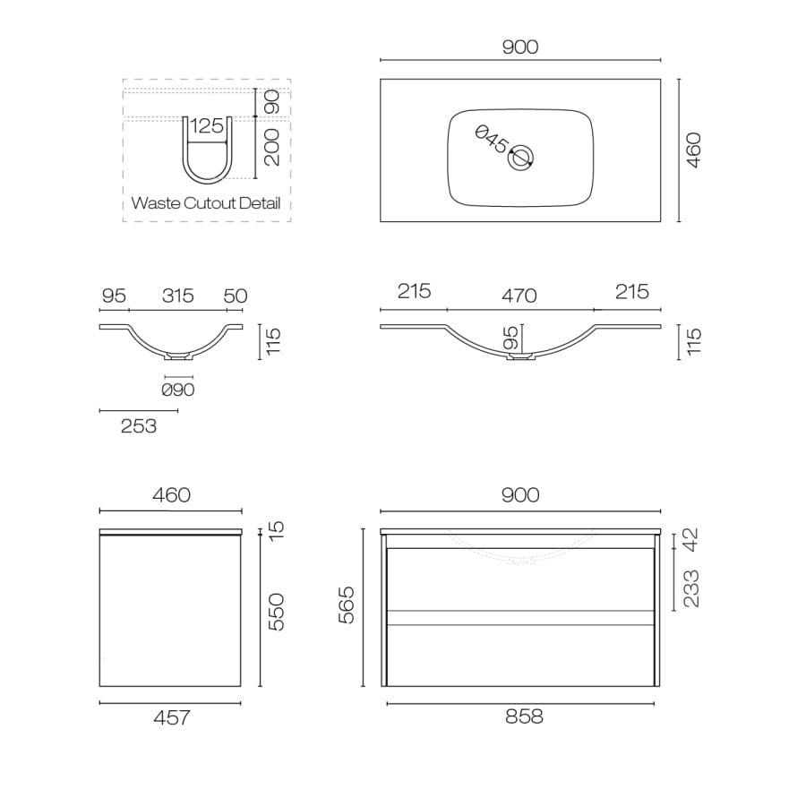 Progetto Vanity Stanza Spio 900 2 Drawer Vanity