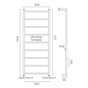 Plumbline Heated Towel Rail Avenir Abask 9 Bar Heated Towel Ladder | 1300 x 600mm