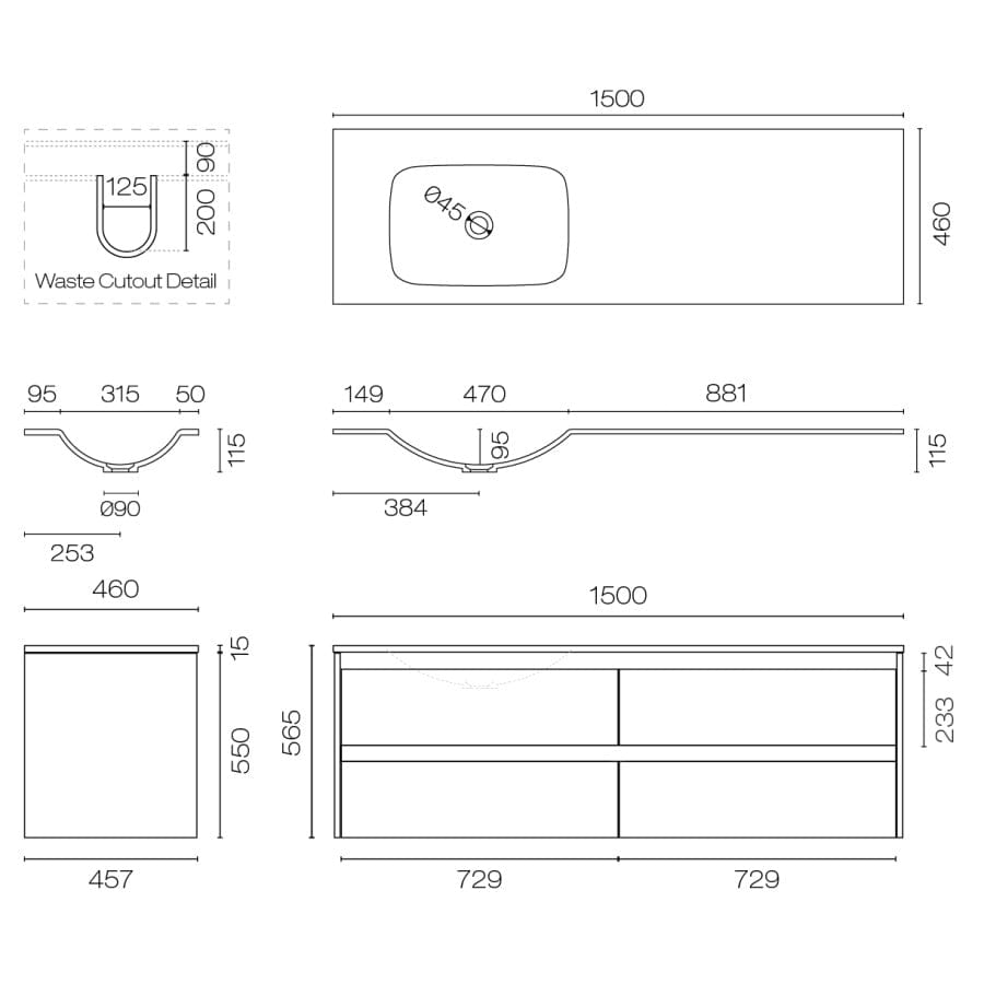 Progetto Vanity Stanza Spio 1500 4 Drawer Vanity Left Basin