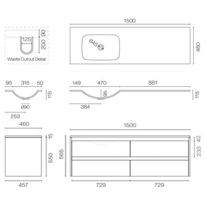 Progetto Vanity Stanza Spio 1500 4 Drawer Vanity Left Basin