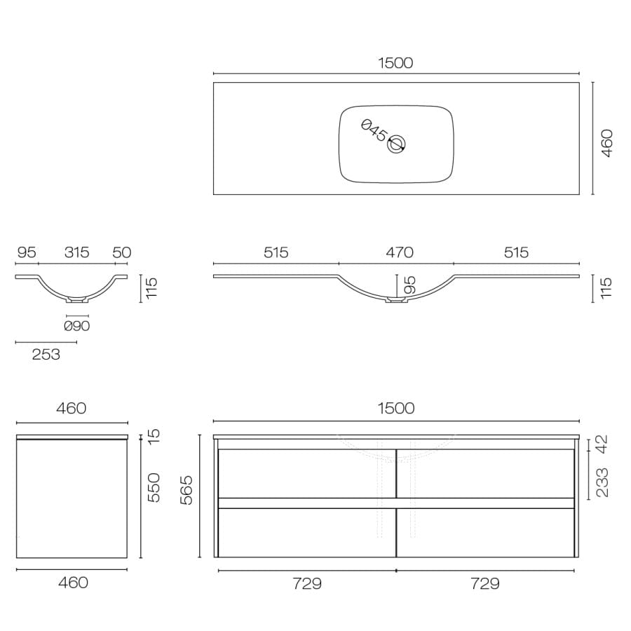 Progetto Vanity Stanza Spio 1500 4 Drawer Vanity Centre Basin