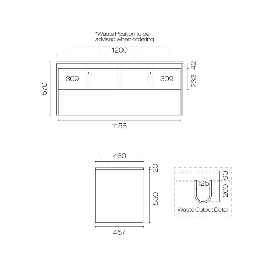 Progetto Vanity Stanza Opaco 1200 2 Drawer Vanity