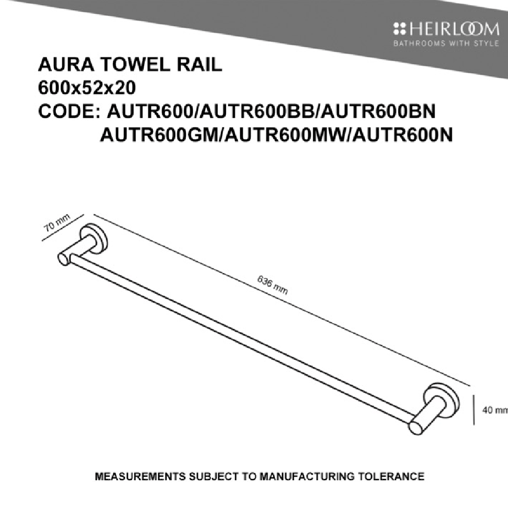 Heirloom Towel Rail Heirloom Aura Single Towel Rail 600mm | Brushed Nickel
