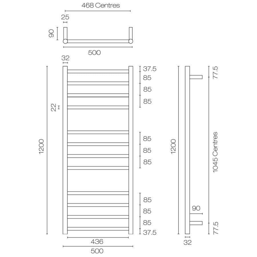 Plumbline Heated Towel Rail Tube 12 Bar Heated Towel Ladder | 1200 x 500mm