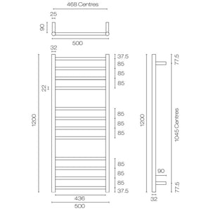 Plumbline Heated Towel Rail Tube 12 Bar Heated Towel Ladder | 1200 x 500mm