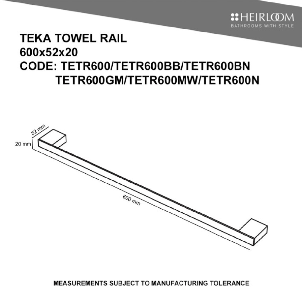 Heirloom Towel Rail Heirloom Teka Single Towel Rail 600mm | White