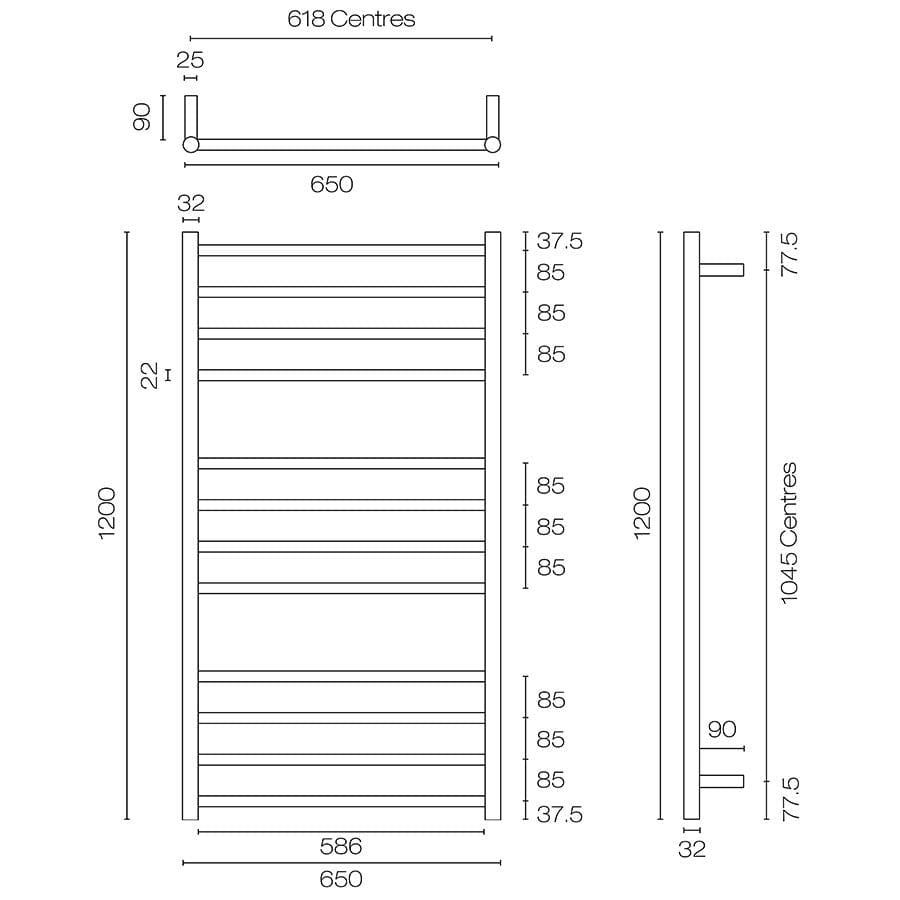 Plumbline Heated Towel Rail Tube 12 Bar Heated Towel Ladder | 1200 x 650mm