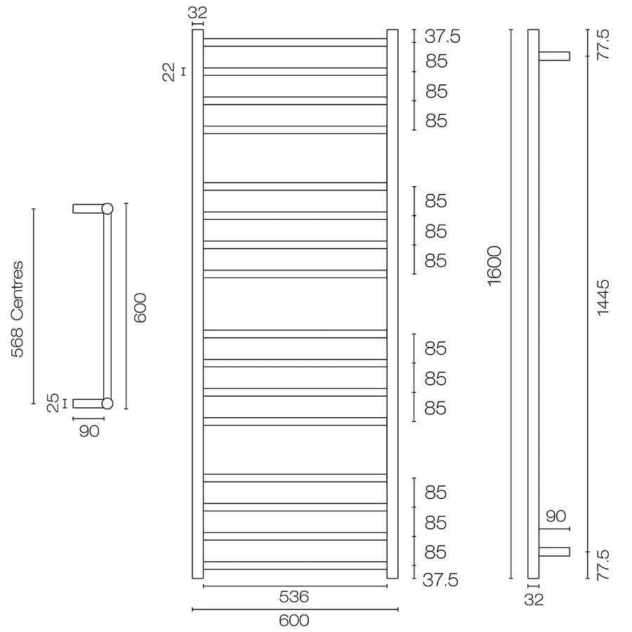 Plumbline Heated Towel Rail Tube 16 Bar Heated Towel Ladder | 1600 x 600mm