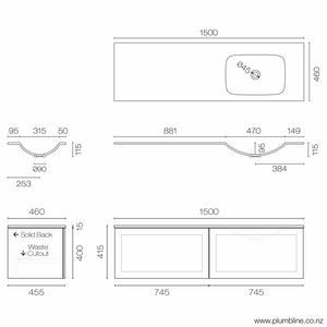 Progetto Vanity Hampton Spio 1500 2 Drawer Vanity Right Basin