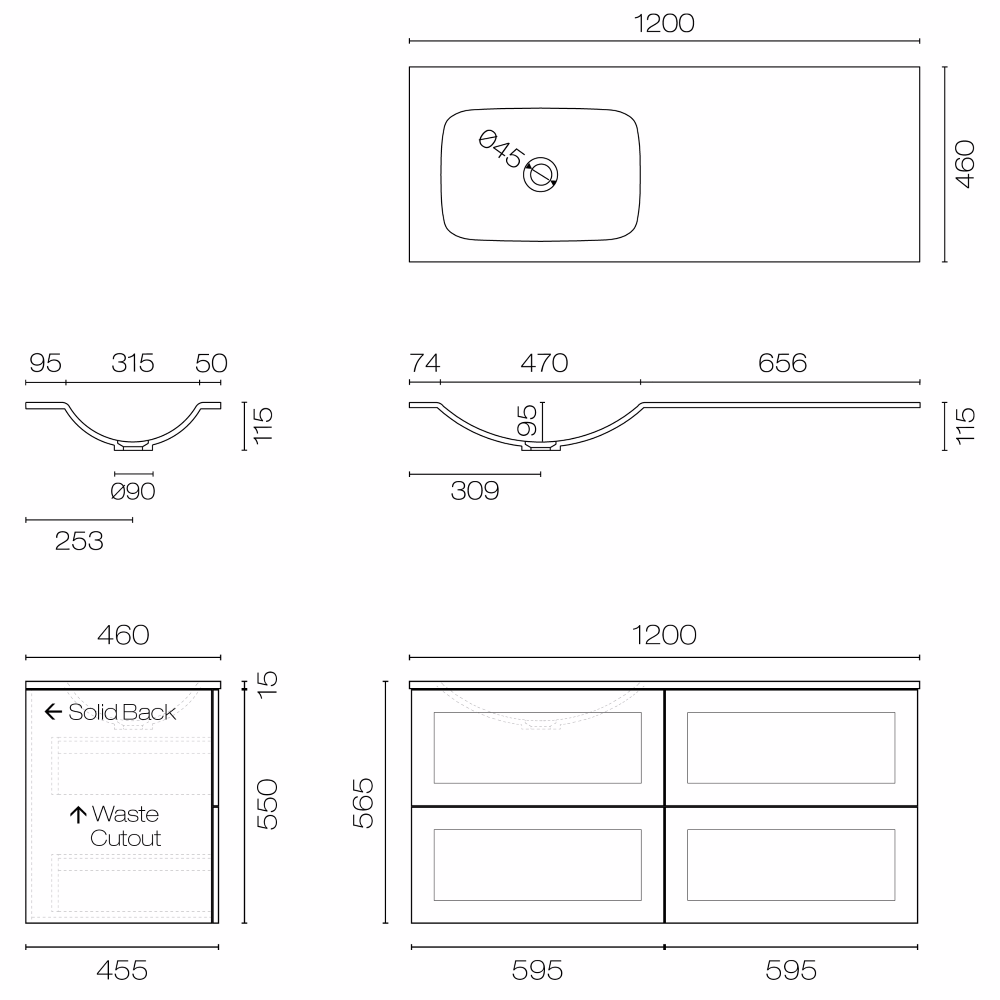 Progetto Vanity Hampton Spio 1200 4 Drawer Vanity Left Basin